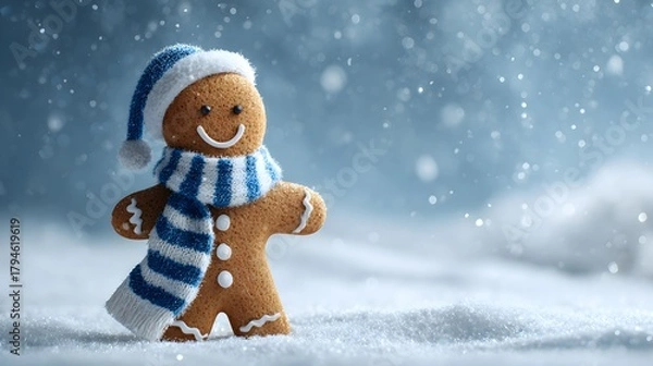 Fototapeta Cheerful Gingerbread Man in a Snowy Winter Wonderland Embracing Festive Season Joy