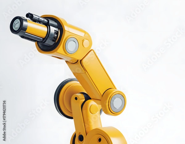 Obraz Close-up of a Yellow Industrial Robotic Arm on White Background.