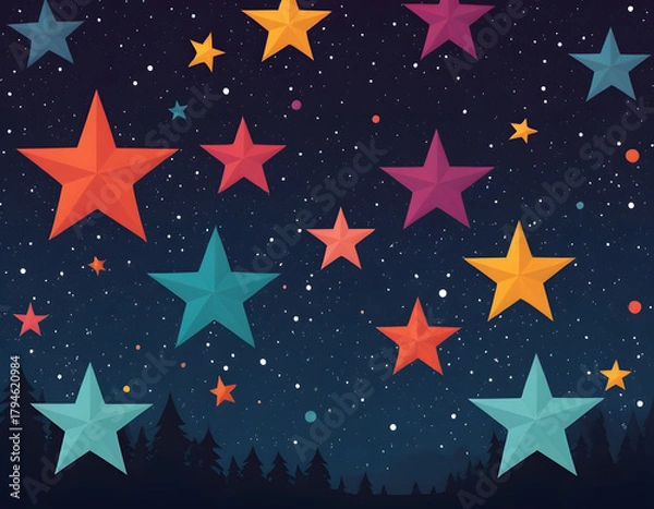 Obraz Night Sky Background with Colorful Geometric Stars and Forest Silhouette.