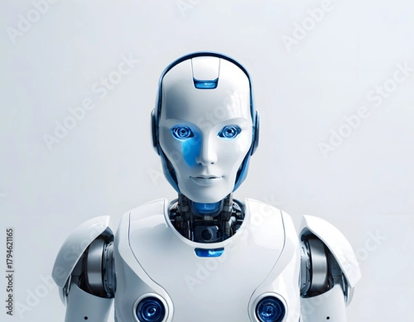 Obraz White and Blue Humanoid Robot Head and Torso Portrait on Clean Background.