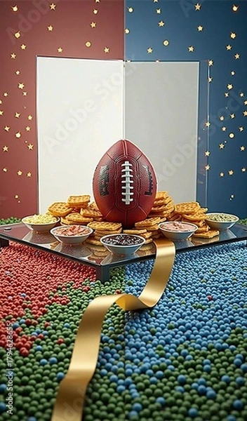 Fototapeta Football-themed snack display with waffles and dips on colorful background