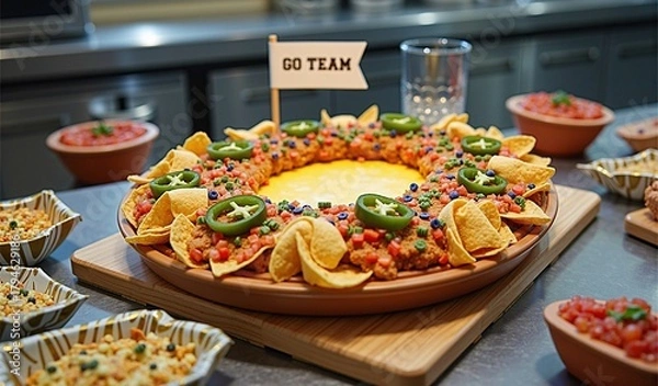 Fototapeta Festive nacho platter with cheese dip, jalapenos, and 'go team' flag