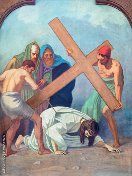 Fototapeta Sebechleby - The painting  Jesus fall under the cross  as part of Cross way stations in St. Michael parish church by unkonwn artist from beginn of 20. cent.