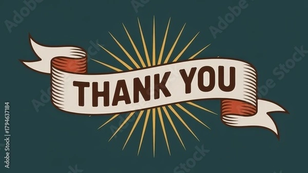 Fototapeta Retro ribbon banner with "Thank You" message and radiating sunburst on a dark background