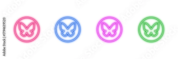 Fototapeta Neon glowing butterfly vector icons set, nature, insect, spring, beauty, glow, vibrant colorful digital design illustration on transparent background.