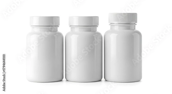 Fototapeta Three white plastic pill bottles with caps on white background container