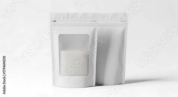 Obraz Two white stand up pouches one with clear window on white background packaging