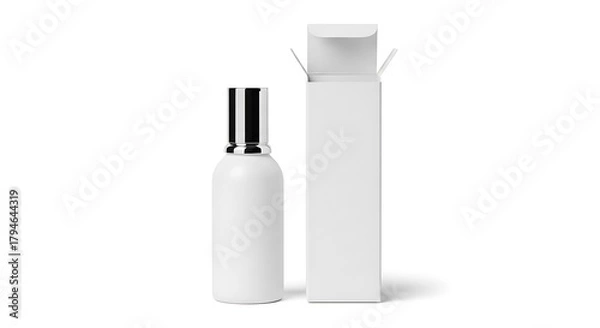 Fototapeta White cosmetic bottle with silver cap and open white box image