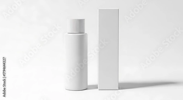 Obraz White cylindrical bottle with ribbed cap next to white rectangular box on white background packaging
