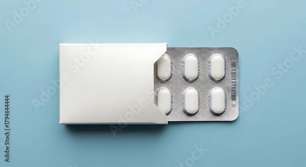 Fototapeta White oval pills in silver blister pack partially covered by white box on blue background medicine health