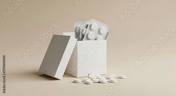 Obraz White pill blister packs and loose tablets spilling from an open box medicine pills