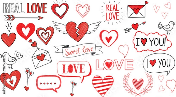 Fototapeta Red romantic Valentine sketches of playful hearts, broken hearts with wings, real love text, sweet love banner, envelopes, and stars