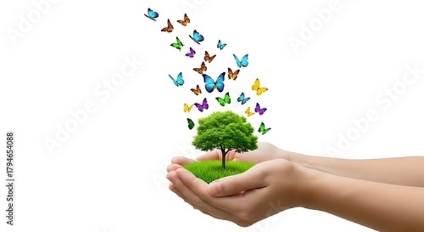 Fototapeta Eco Concept: Tree in Hands with Flying Butterflies