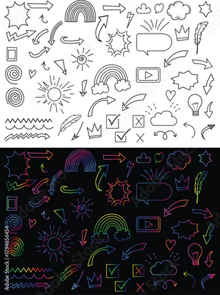 Obraz Dual style doodle set with expressive icons including arrows, rainbows, suns, clouds, stars, speech bubbles, and checkmarks.