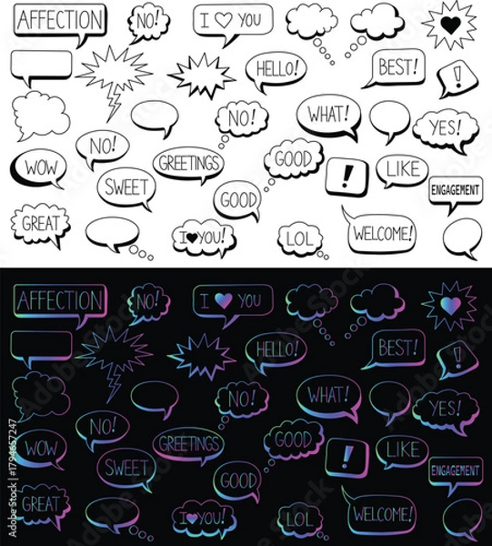 Fototapeta Hand drawn bold black outline speech bubbles with colorful text plus neon glow version for comics, social media, and messaging