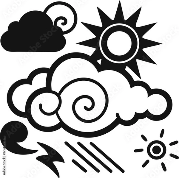 Fototapeta Weather icons—storm, sun, clouds, meteorology coloring book page silhouette  vector black , white background 
