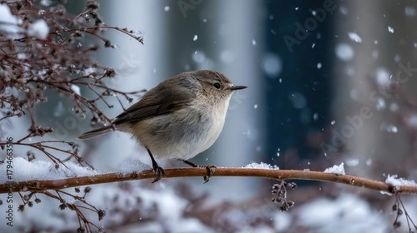 Fototapeta A small bird perched on a branch in the snow
