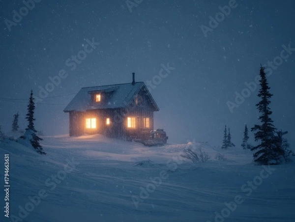 Fototapeta A small house in the middle of a snowy landscape