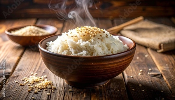 Obraz Steaming bowl of white rice garnished with sesame seeds