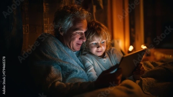 Fototapeta A woman and child are looking at a tablet