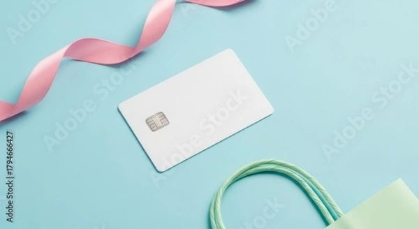 Obraz Minimalist Credit Card Mockup with Ribbon and Shopping Bag.
