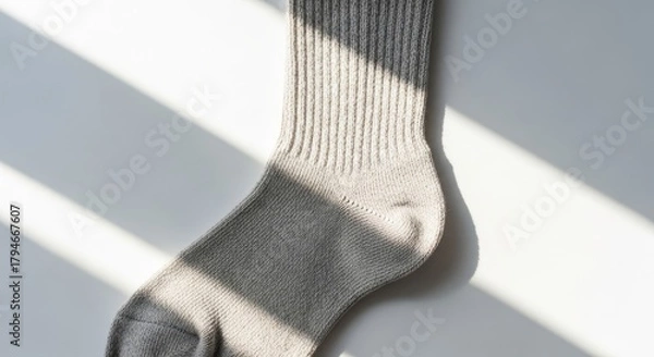 Obraz Single gray sock illuminated by sunlight on a white surface.