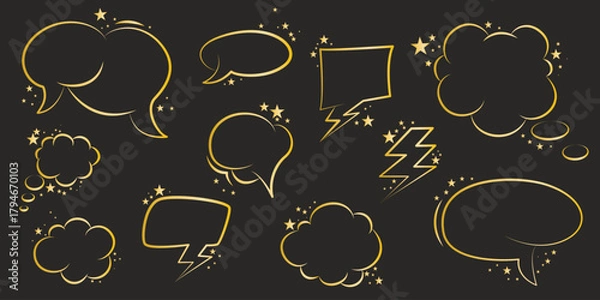 Obraz Set of golden speech bubbles and shapes with stars. Shining frames for speech, thoughts, and ideas. Glittery festive comic shapes for text, vector elements