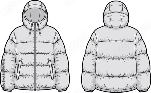 Fototapeta Detailed puffer jacket vector template with hood, front and back views, quilted sections, zipper closure, drawstrings, and winter outerwear design