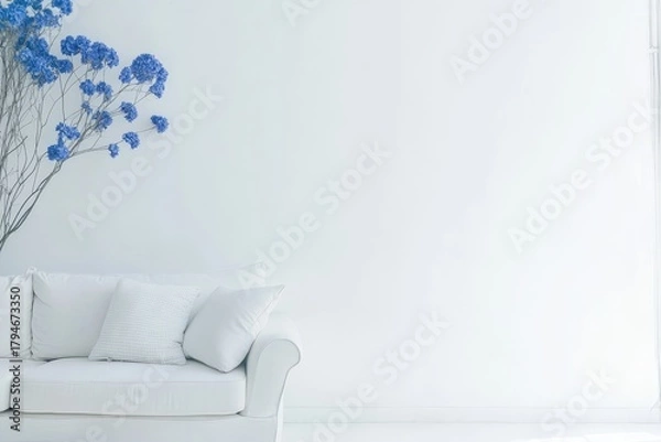 Fototapeta A bright and airy modern living room featuring a sleek white couch, soft blue flowers, and a luminous atmosphere that conveys serenity and contemporary design aesthetics.