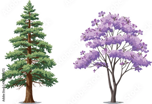 Fototapeta Coniferous pine tree and flowering purple tree, botanical contrast, forest diversity, vibrant blossoms, seasonal foliage, nature scene, outdoor 
