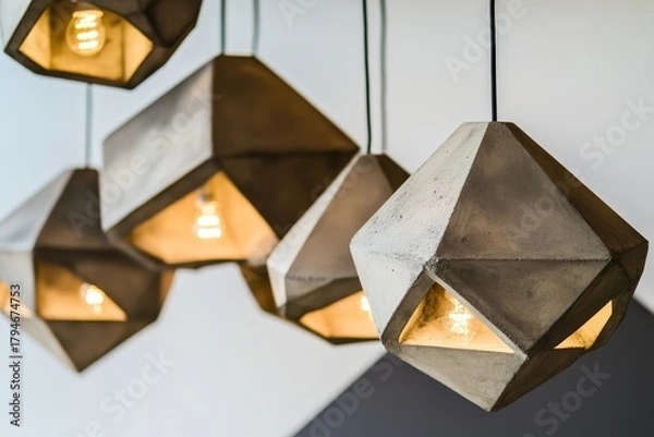Fototapeta A collection of stylish geometric pendant lights made of concrete, each beautifully illuminating the space with a unique artistic flair, perfect for modern interior design.