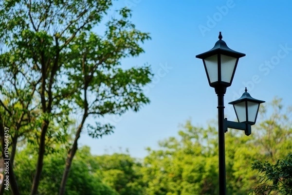 Obraz Two vintage-style park lanterns elegantly placed amidst lush greenery, embodying a romantic outdoor ambiance that invites wanderers to explore nature and enjoy serenity.