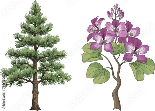 Fototapeta Botanical illustration, pine tree drawing, flowering plant art, nature contrast, conifer and bloom, educational flora, green foliage, purple petals, plant anatomy, botanical comparison, 