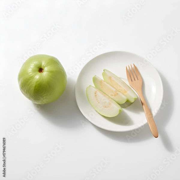 Fototapeta Guava Fruit - Whole Guava with Slices and Wood Fork