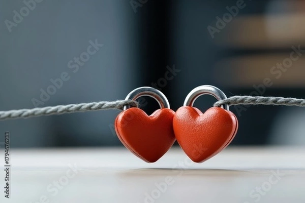 Obraz Two heart-shaped padlocks resting on a wooden surface, symbolizing love and connection, united by a grey thread, set against a soft-focus background for a romantic feel.