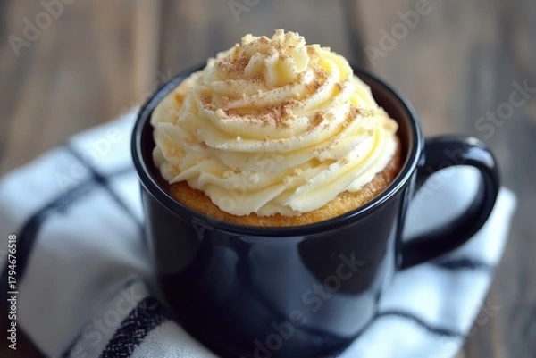 Fototapeta A beautifully decorated cupcake topped with creamy frosting and delicate sprinkles, set inside a black cup that highlights the dessert's delightful appeal and artistic presentation.