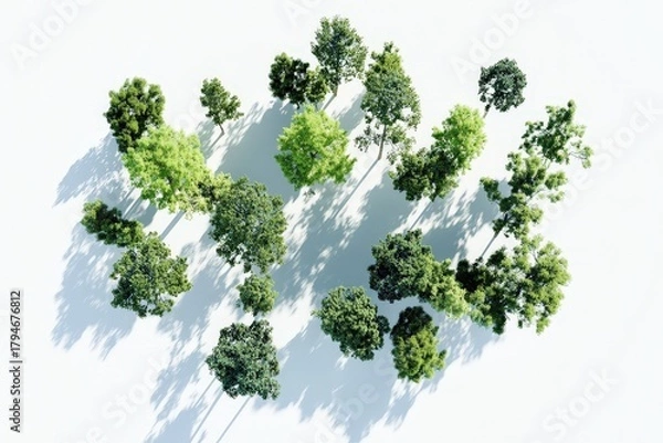 Obraz An artistic aerial view showcasing a diverse group of trees casting intricate shadows on a clean white background, celebrating nature's beauty and diversity in a stylized presentation.