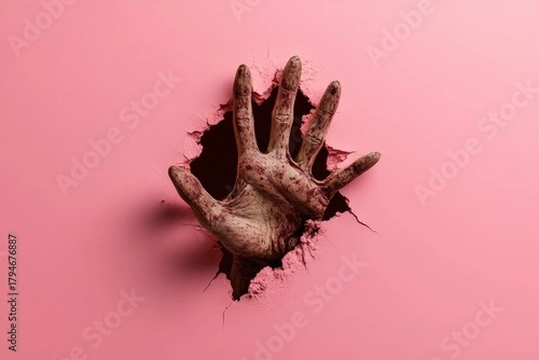 Obraz A startling image depicting a gory hand reaching through a pink wall, creating a striking contrast that evokes feelings of unease and shock.
