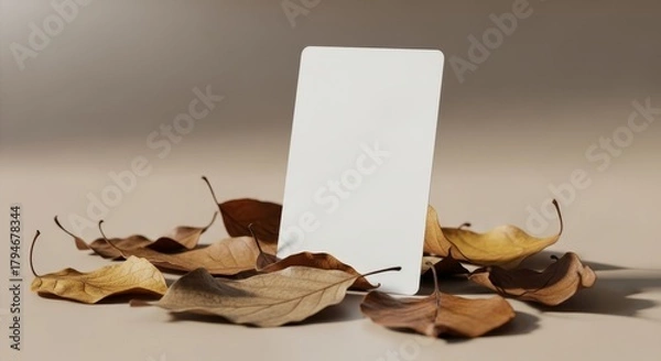 Obraz Minimalist White Card Mockup with Autumn Leaves - Clean and Seasonal Design.