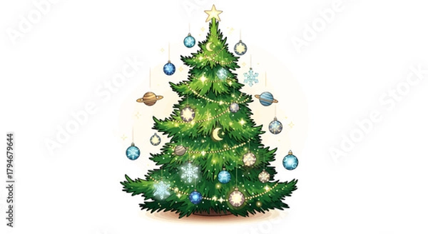 Fototapeta Whimsical Christmas tree with space ornaments and glowing lights for a festive holiday season, perfect for kids' designs and imaginative holiday projects