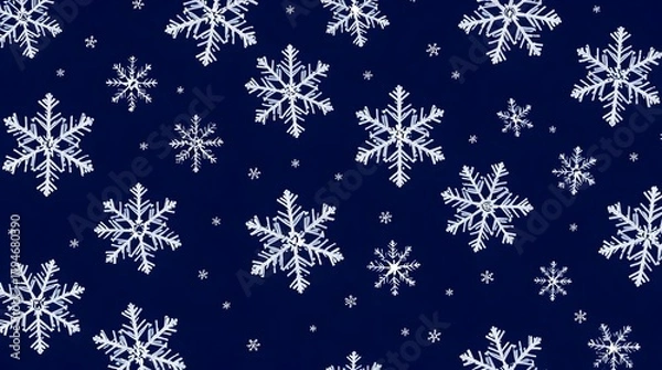 Fototapeta A Seamless Repeating Pattern of Tiny Stylized White Snowflakes, Beautifully Contrasted Against a Deep Navy Blue Background.