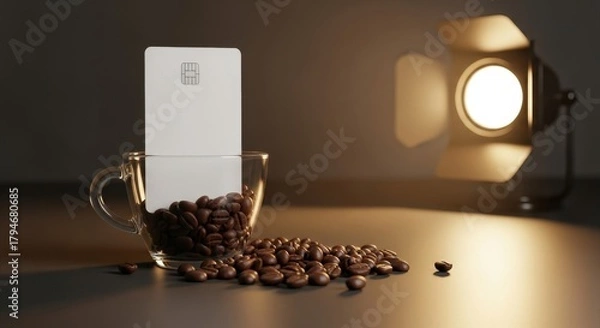 Obraz Coffee beans spill from glass with card under spotlight.