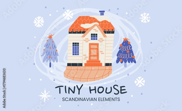 Fototapeta Tiny winter house with smoke and snowflakes in a scandinavian neighborhood.