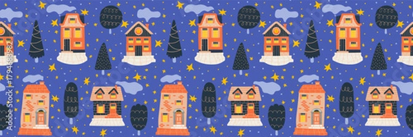 Fototapeta Night color simples pattern of tiny scandinavian houses in stars covered village.
