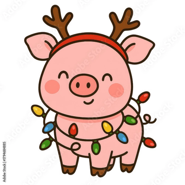 Obraz Cute watercolor Christmas farm elements featuring hand-painted farm animals, barns, trees, wreaths, and festive decorations. Soft pastel tones on a clean white background—perfect for holiday clipart.