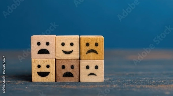 Fototapeta Enhancing customer satisfaction with wooden blocks a visual guide to happy and neutral emotions