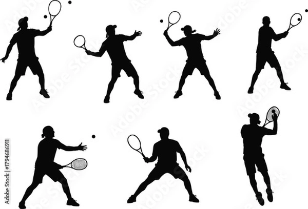Fototapeta Tennis player silhouettes, forehand stroke, backhand motion, racket action, sport vector, black design, dynamic pose, ball hit, athletic stance