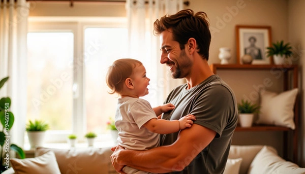 Obraz Joyful father smiling while holding baby in a cozy living room  
