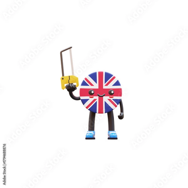 Obraz Cute 3D United Kingdom flag mascot wearing helmet holding hacksaw symbolizing cutting tool and mechanical work.