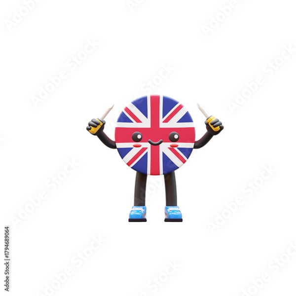 Obraz Cute 3D United Kingdom flag mascot wearing helmet holding screwdriver representing maintenance and engineering.